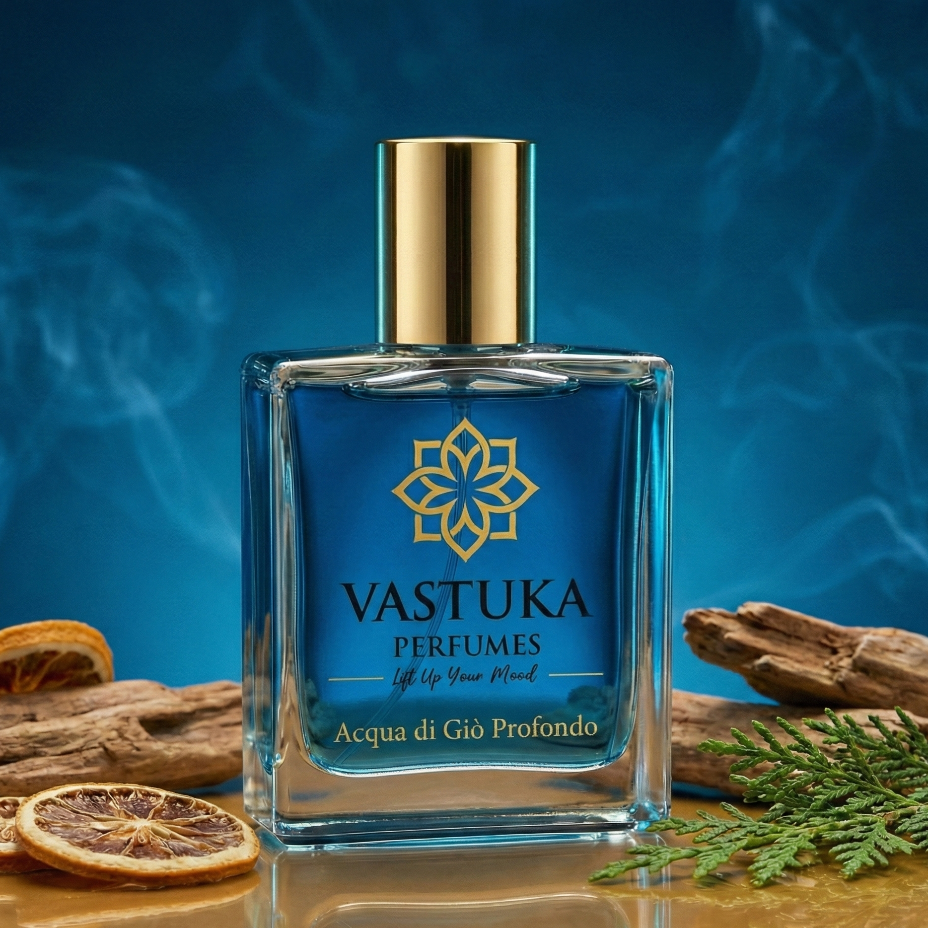 Vastuka perfume bottle with a blue label and gold cap on a reflective surface with smoke and wood elements.