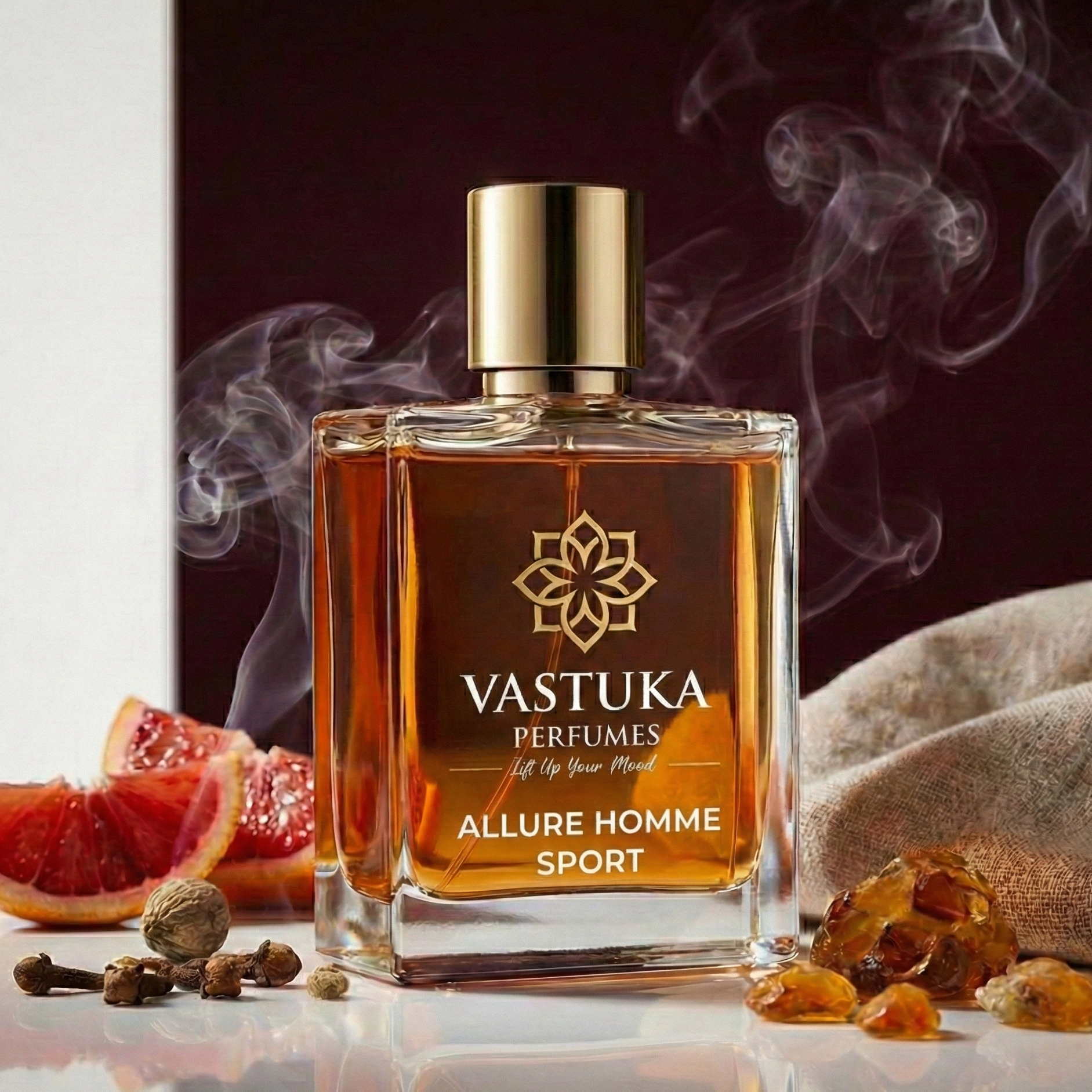 Vastuka Allure Homme Sport perfume bottle with smoke and spices on a reflective surface