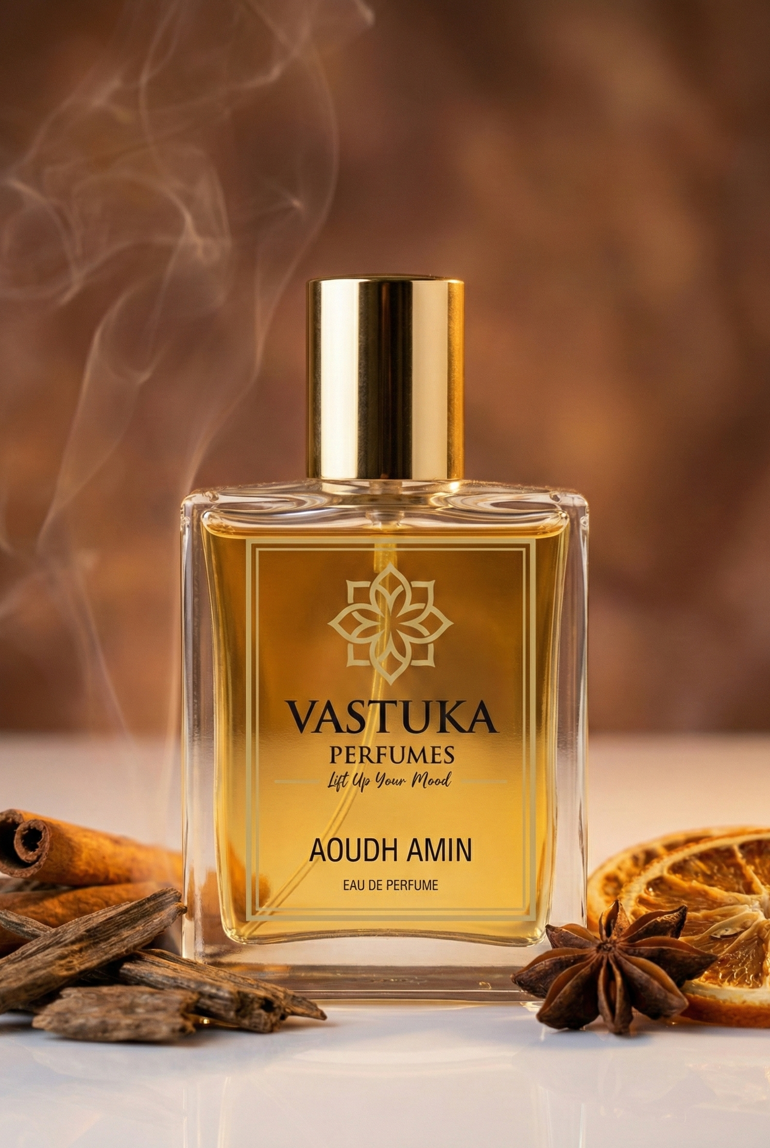 Vastuka Perfumes Aoudh Amin bottle with spices and smoke on a warm background