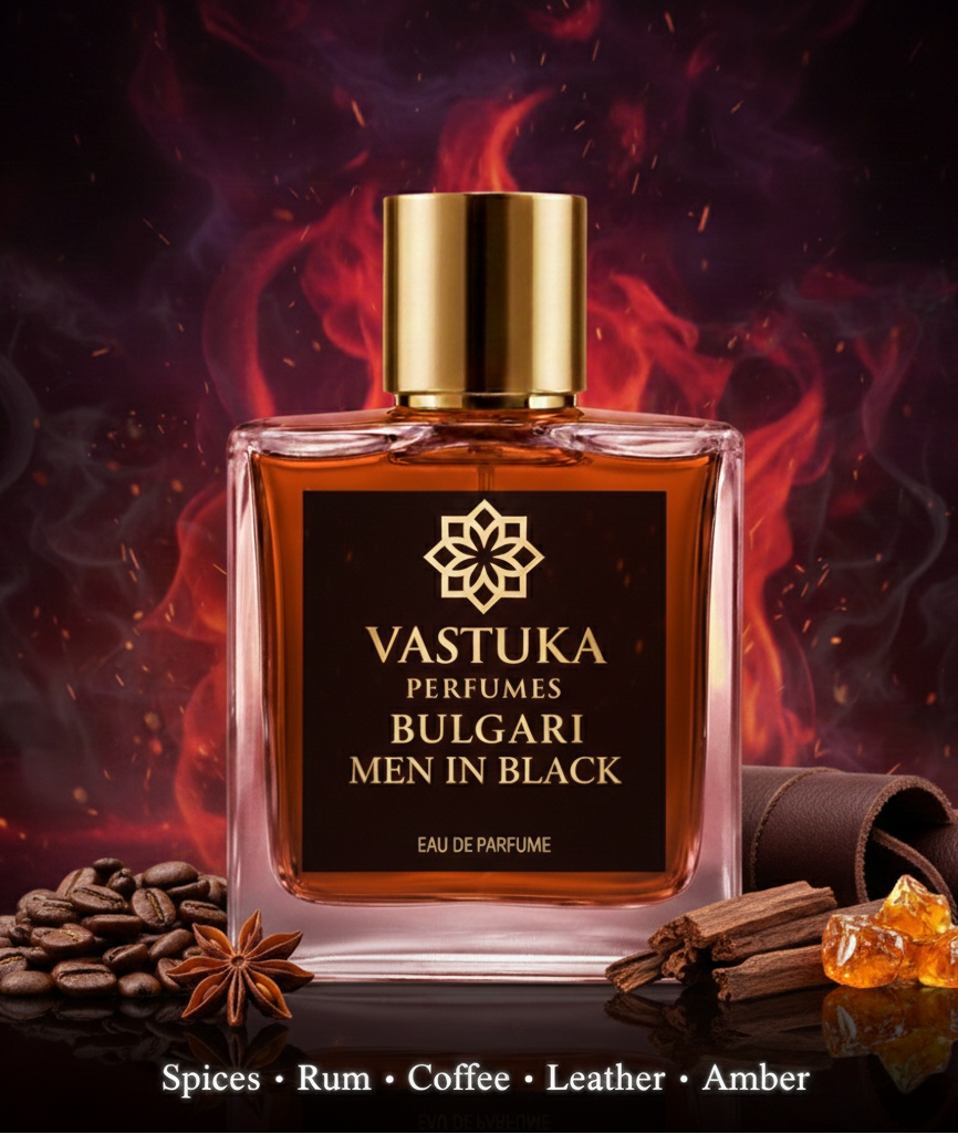 Bulgari Men in Black perfume bottle with spices and coffee beans on a dark background
