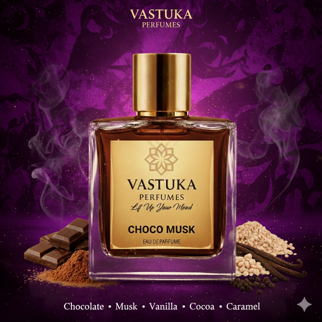 Vastuka Choco Musk perfume bottle on a purple background with smoke and spices.