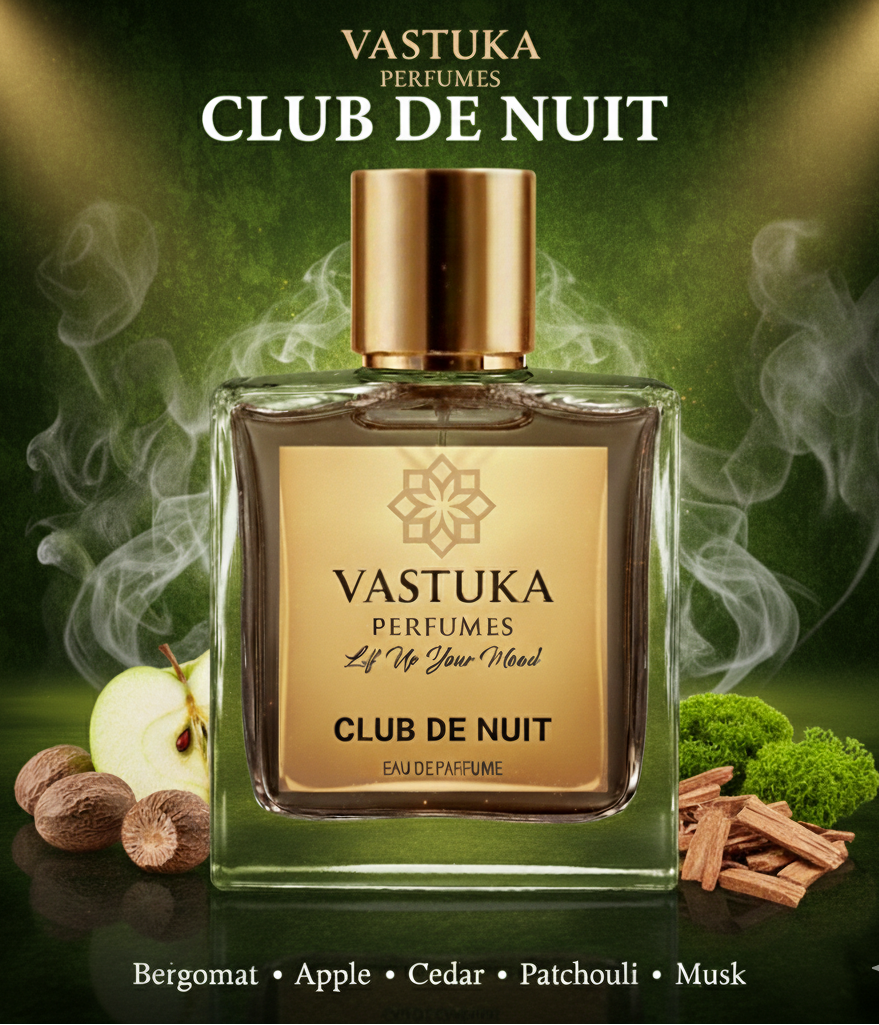 Vastuka Perfumes Club de Nuit perfume bottle with smoke effects and ingredients on a dark background