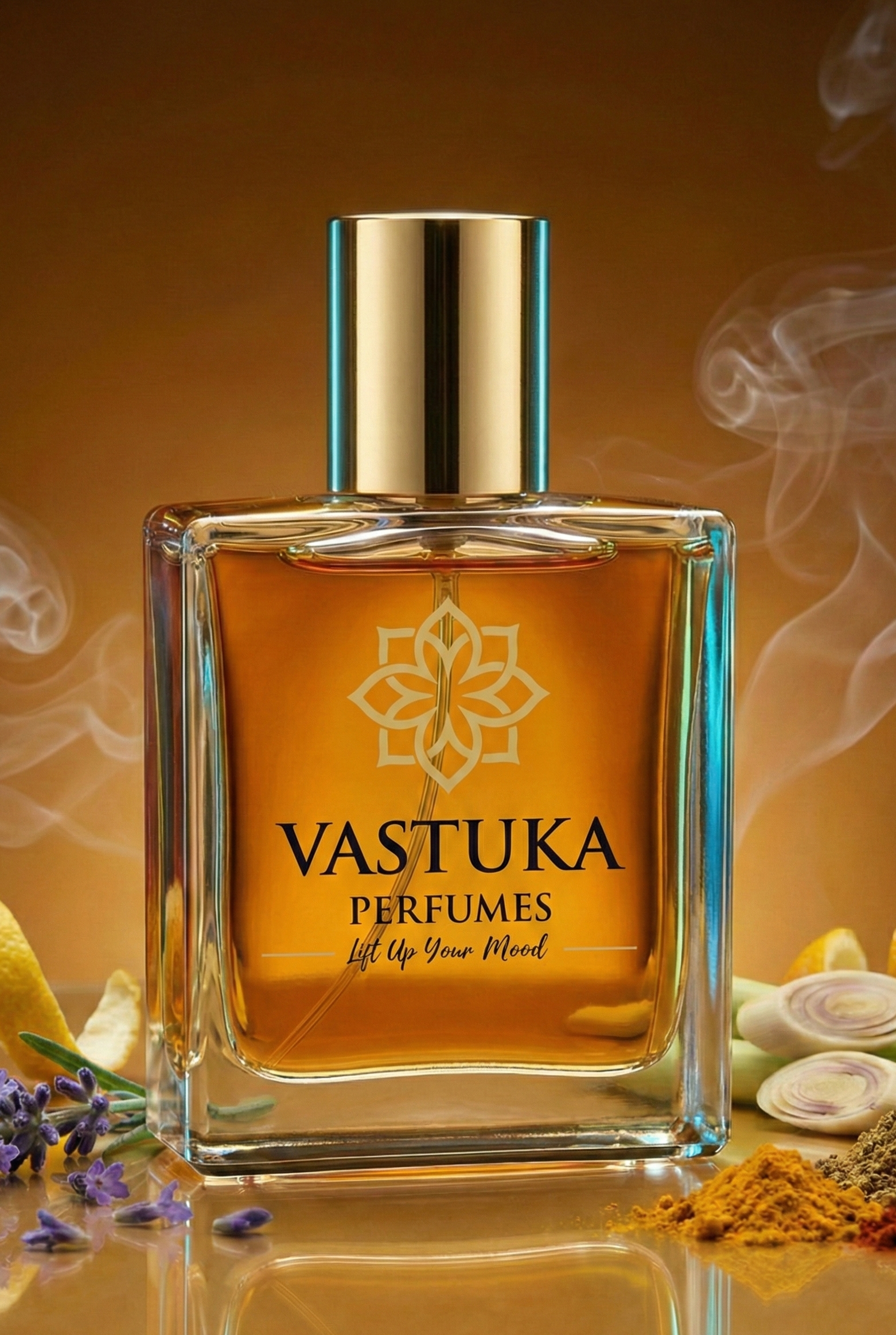 Vastuka perfume bottle with a gold cap on an orange background