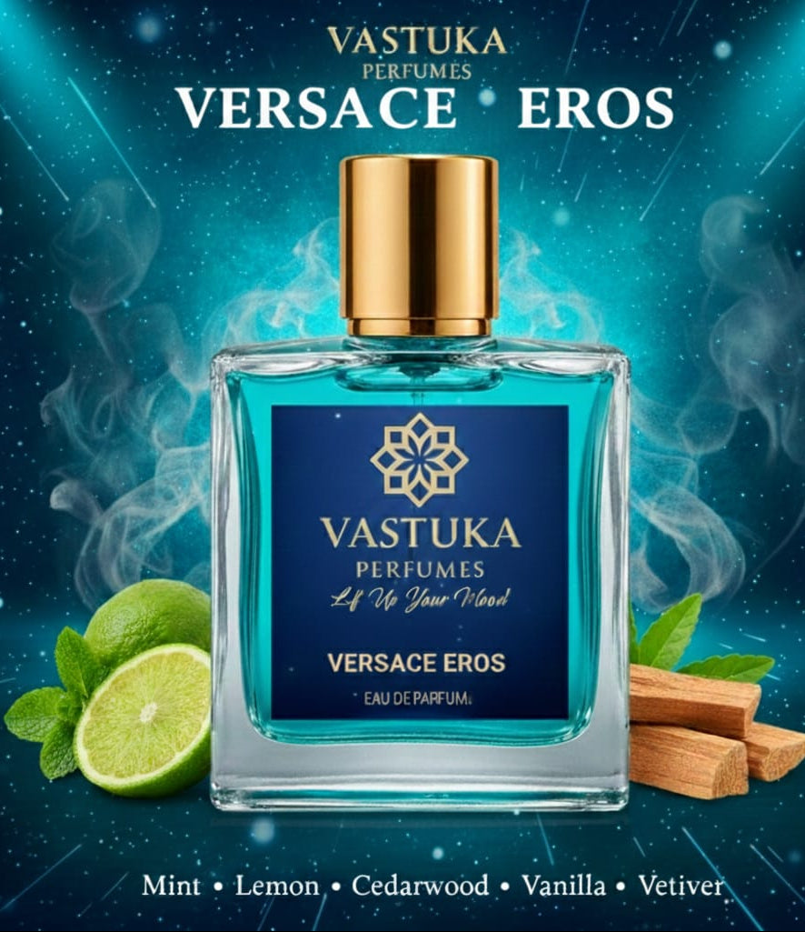 Vastuka Versace Eros perfume bottle with ingredients on a starry night background