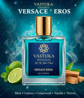 Vastuka Versace Eros perfume bottle with ingredients on a starry night background