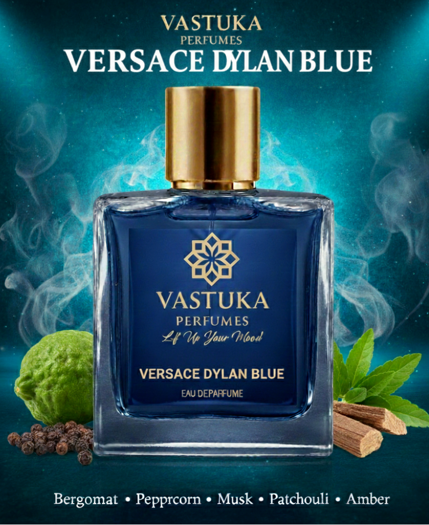 Vastuka Versace Dylan Blue perfume bottle with ingredients on a dark background