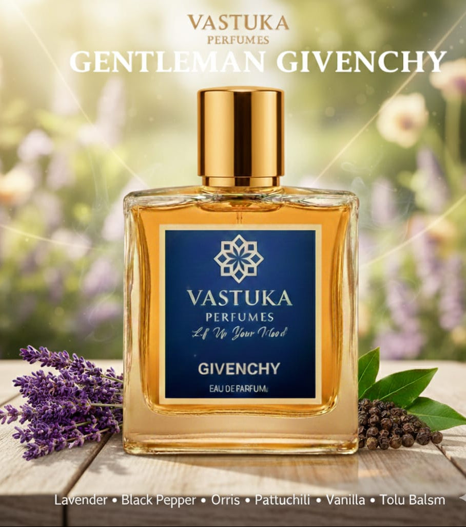 Vastuka Perfumes Givenchy perfume bottle with lavender and greenery in the background
